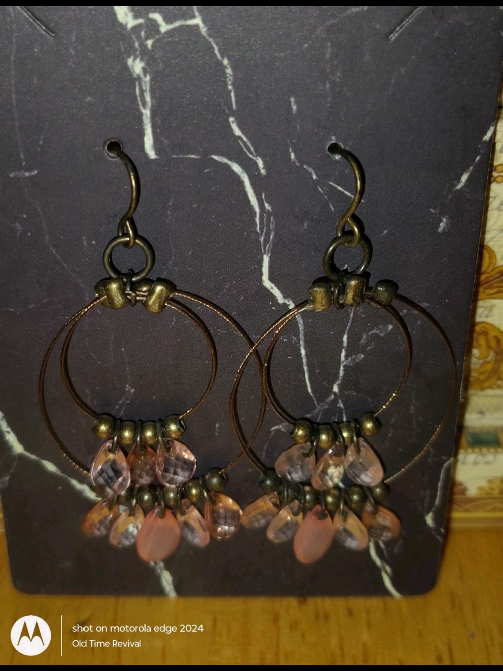 Vintage Peach Pink Teardrop Double Hoop Earrings Brass Tone